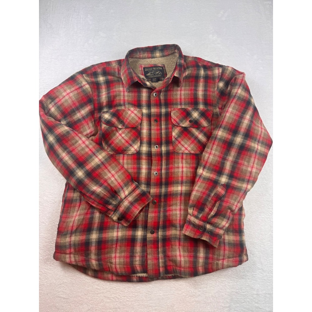 Grizzly Mountain Mens XL Red Plaid Sherpa Lined Flannel Shirt Jacket Cotton